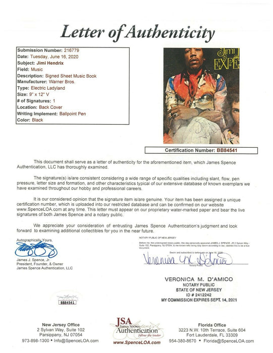 Jimi Hendrix Signed The Jimi Hendrix Experience Music Program With JSA COA