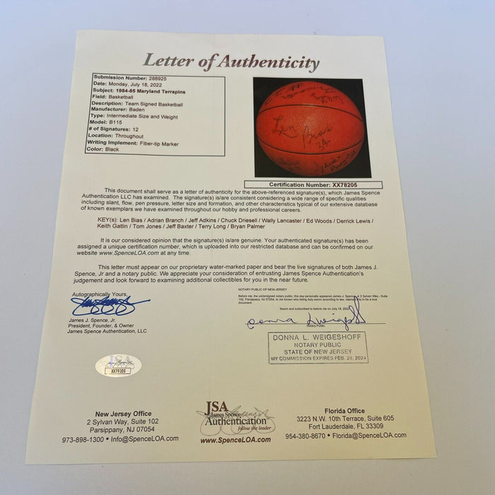 Len Bias 1984-85 Maryland Terrapins Team Signed NCAA Basketball JSA COA RARE!