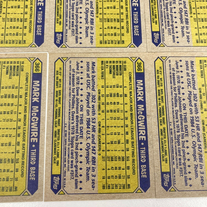 Lot Of (6) 1987 Topps Mark Mcgwire Rookie Cards RC