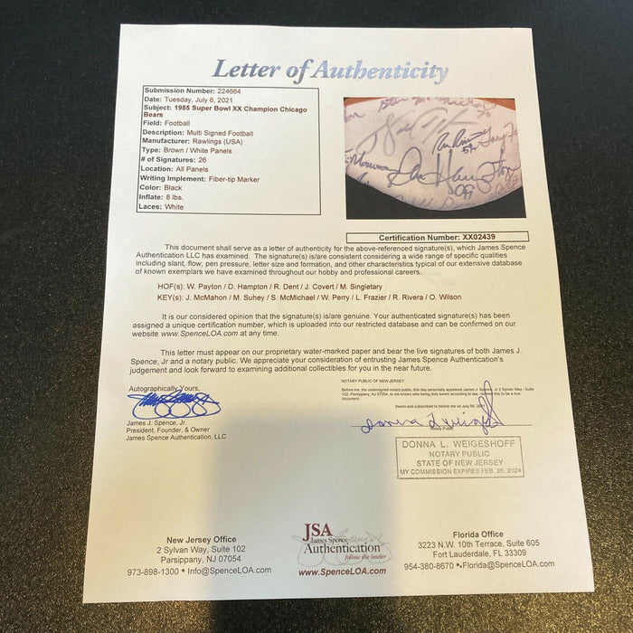 1985 Chicago Bears Super Bowl Champs Team Signed Football Walter Payton JSA COA