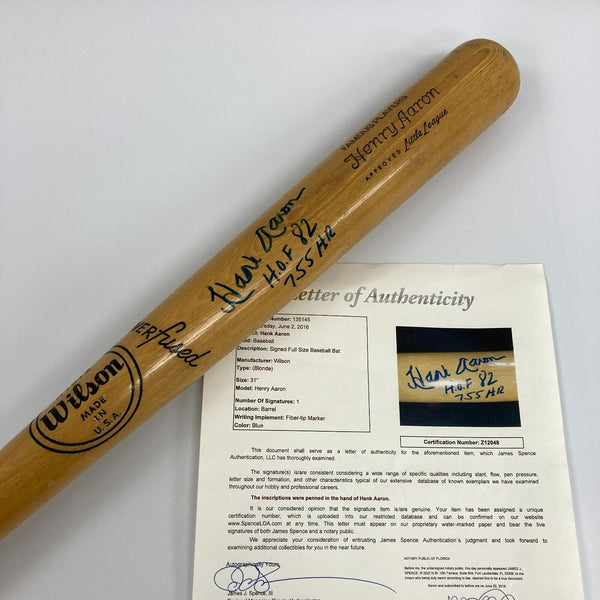Hank Aaron "Hall Of Fame 1982, 755 Home Runs" Signed Baseball Bat JSA