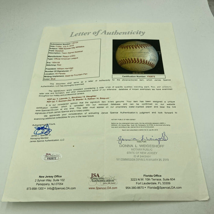 1956 Kansas City Athletics A's Team Signed American League Baseball JSA COA