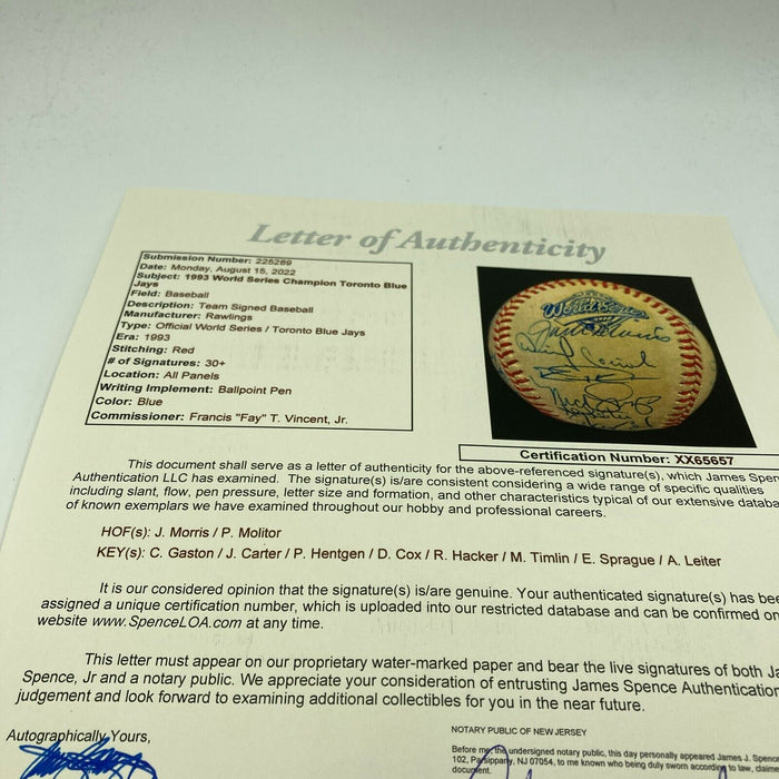 1993 Toronto Blue Jays World Series Champs Team Signed W.S. Baseball JSA COA
