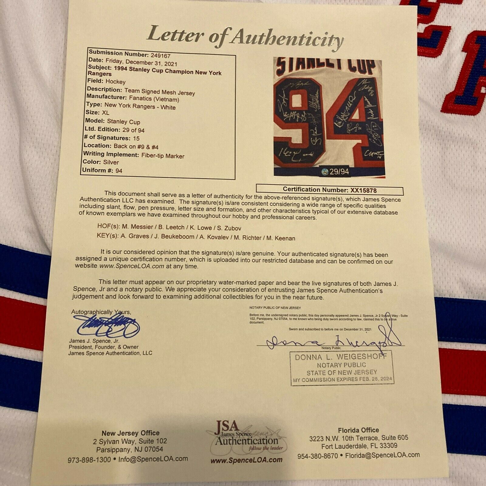 Adam Graves Signed New York Rangers Jersey (JSA COA) 1994 Stanley