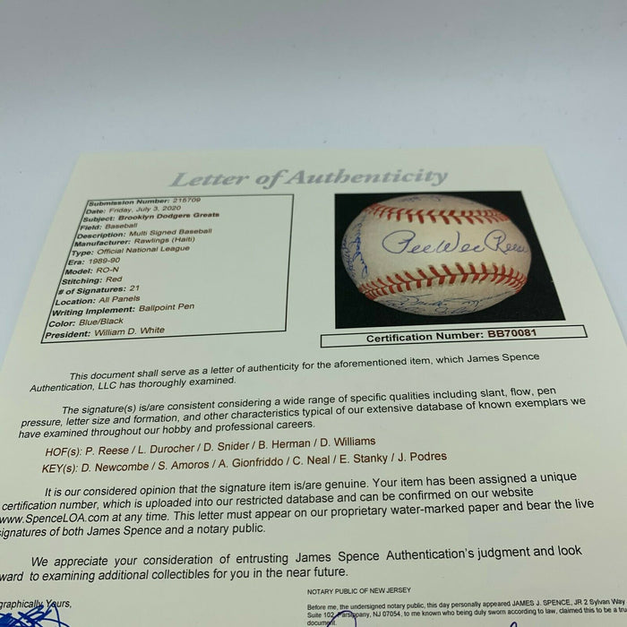 Brooklyn Dodgers Legends Signed Baseball Duke Snider Pee Wee Reese Durocher JSA