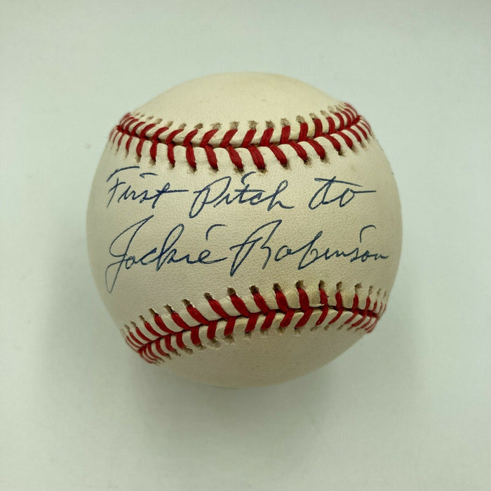 Johnny Sain First Pitch To Jackie Robinson 4-15-47 Signed Baseball JSA COA