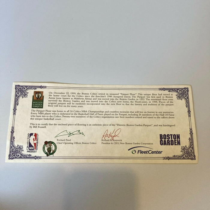 Bill Russell Signed Boston Garden Parquet Game Used Floor With Beckett COA