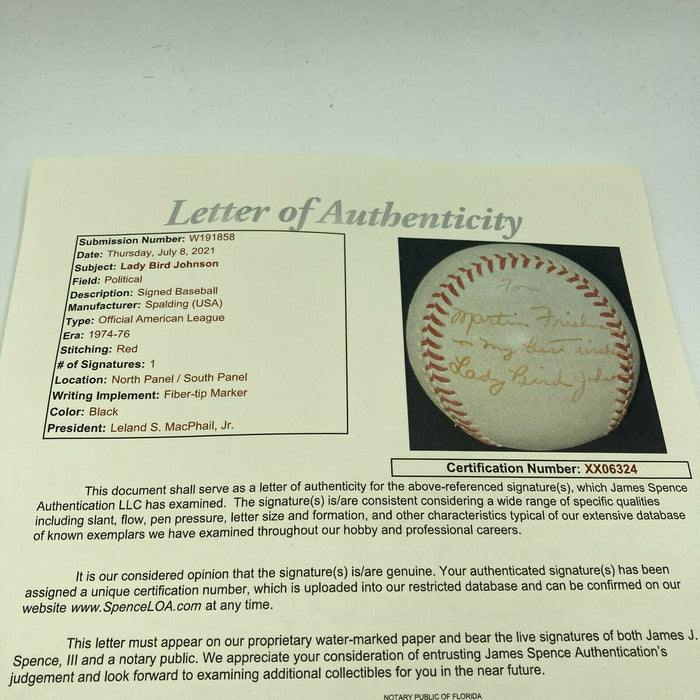 Lady Bird Johnson Single Signed Baseball Lyndon B. Johnson First Lady JSA COA