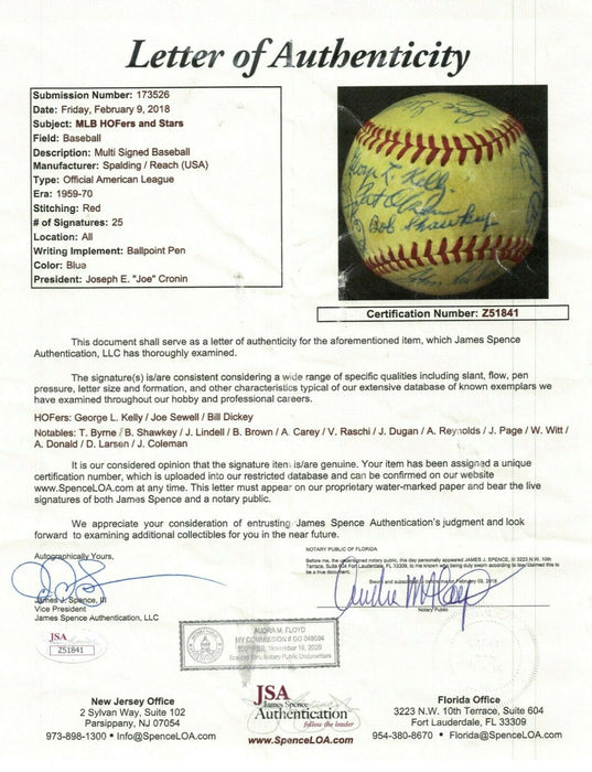 Beautiful 1920's-50's Yankees Legends HOF Signed AL Baseball 25 Sigs JSA COA