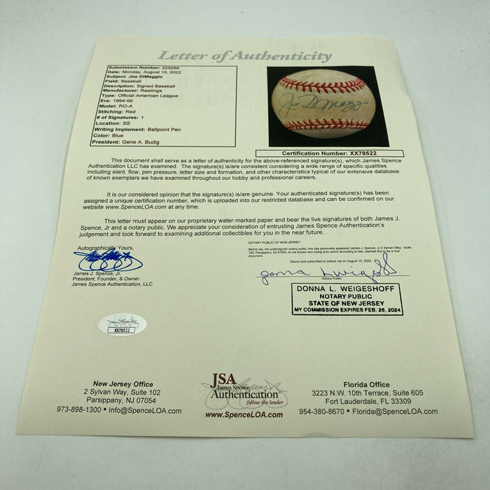 Joe Dimaggio Signed Official American League Baseball JSA COA