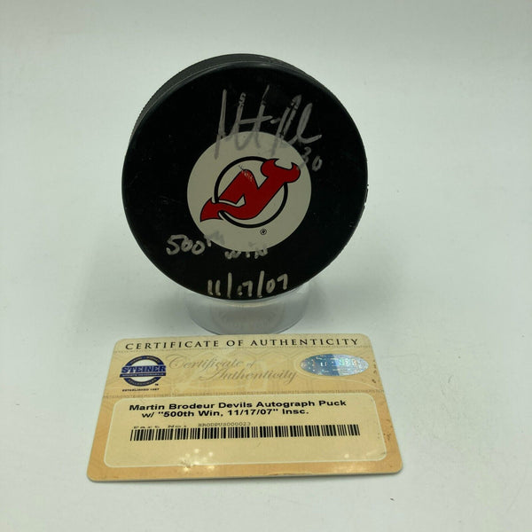 Martin Brodeur 500th Win 11/17/2007 Signed NJ Devils Hockey Puck Steiner COA