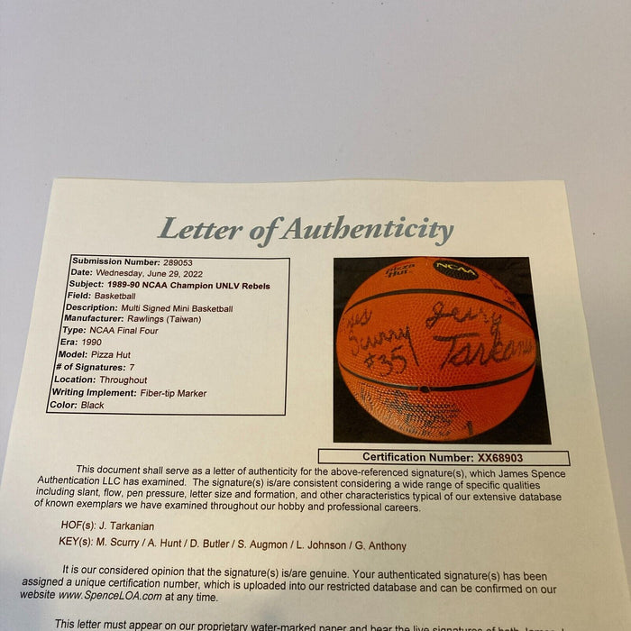 1989 - 1990 UNLV Rebels NCAA National Champs Team Signed Mini Basketball JSA