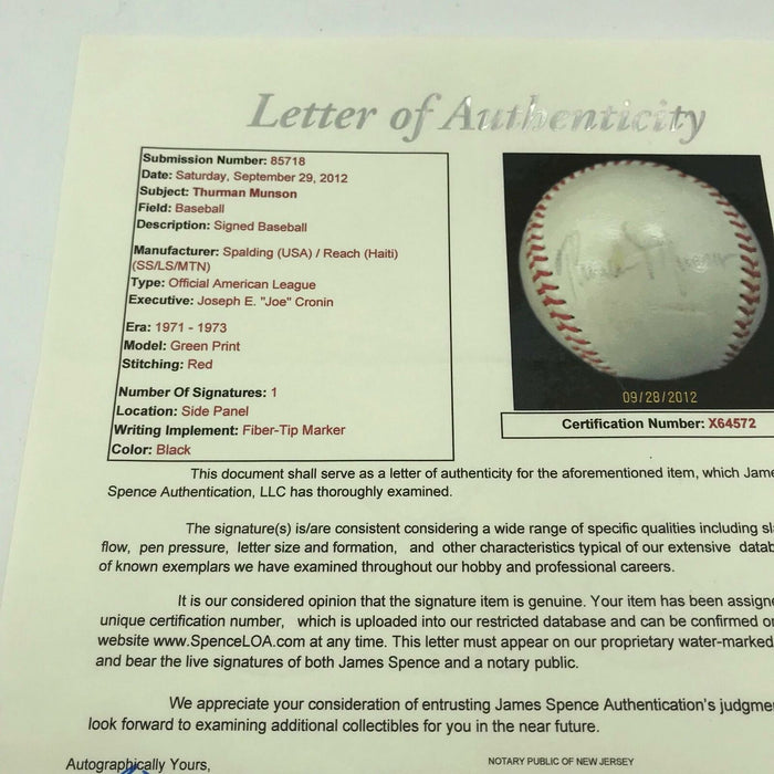 Thurman Munson Single Signed Autographed American League Cronin Baseball JSA COA
