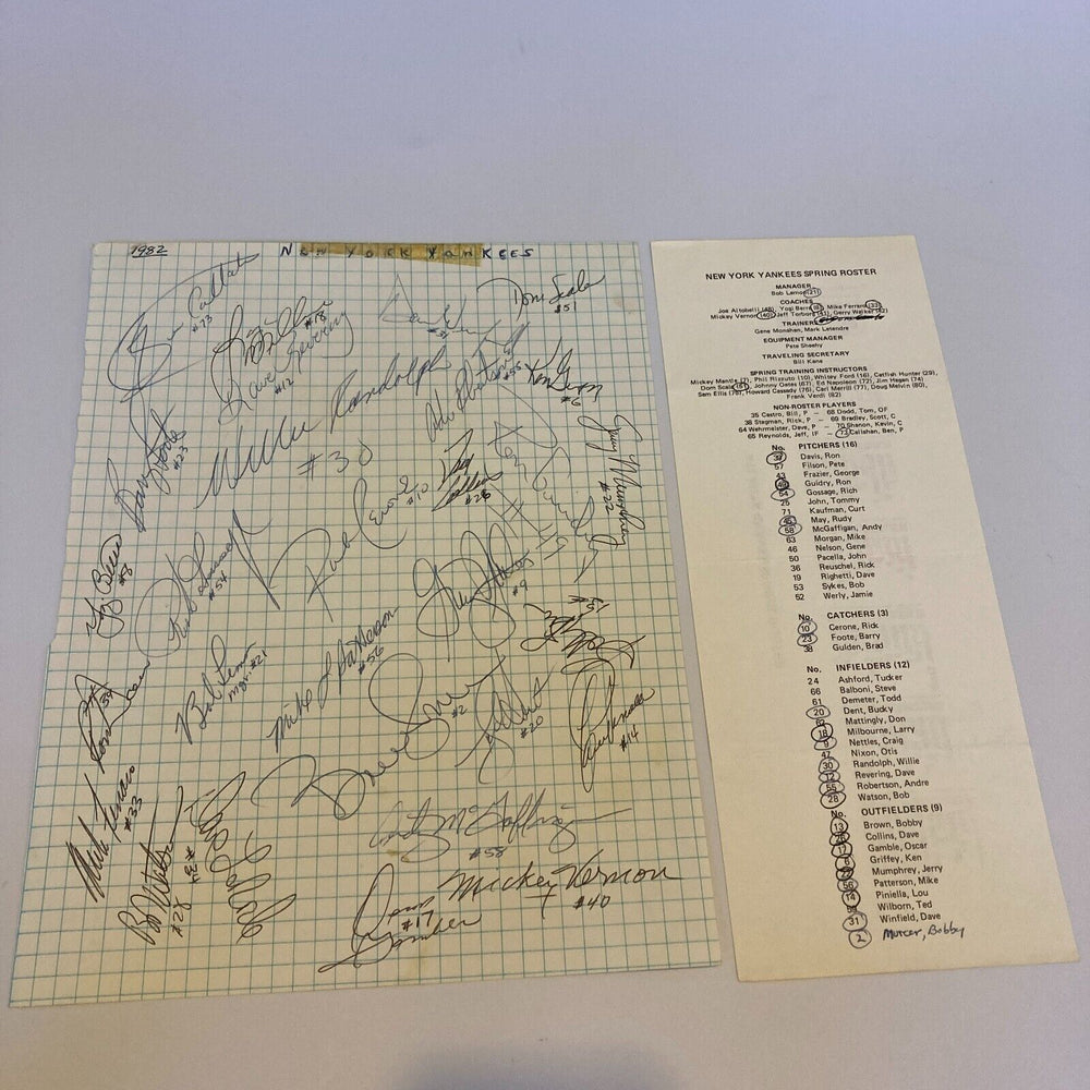 1982 New York Yankees Team Signed Autographed Sheet