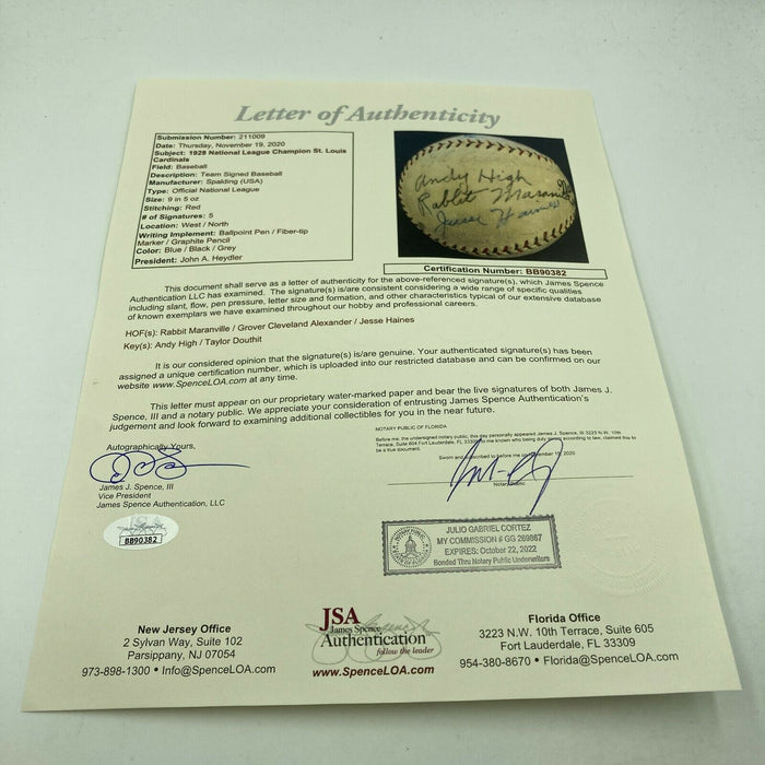 Grover Alexander 1928 St. Louis Cardinals NL Champs Team Signed Baseball JSA COA