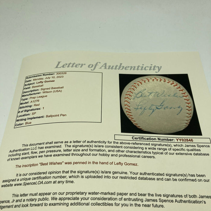 Lefty Gomez Signed 1950's Vintage Baseball JSA COA