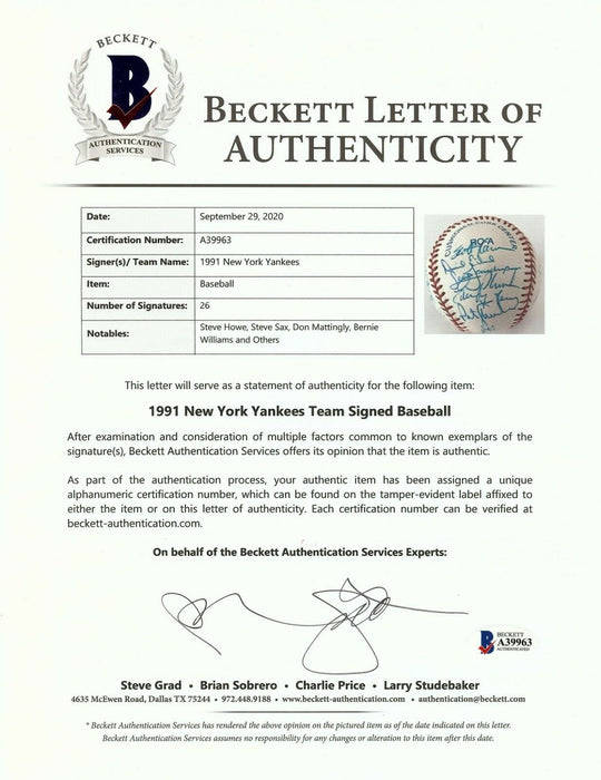 1991 New York Yankees Team Signed Baseball Don Mattingly With Beckett COA