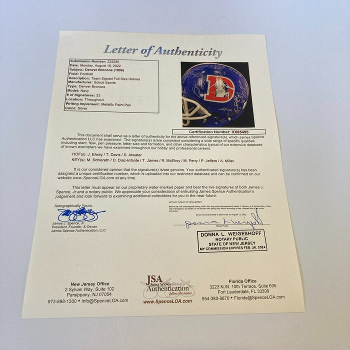 1996 Denver Broncos Team Signed Full Size Authentic John Elway Helmet JSA COA