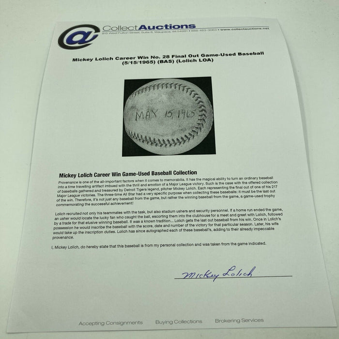 Mickey Lolich Signed Career Win No. 28 Final Out Game Used Baseball Beckett COA