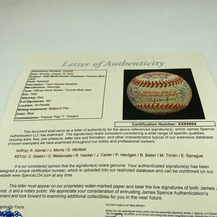 1992 Toronto Blue Jays World Series Champs Team Signed W.S. Baseball JSA COA