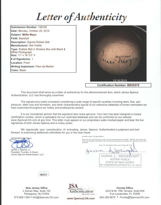 Rare Willie Mays Signed Authentic "Spaldeen" Stickball Custom Framed JSA COA