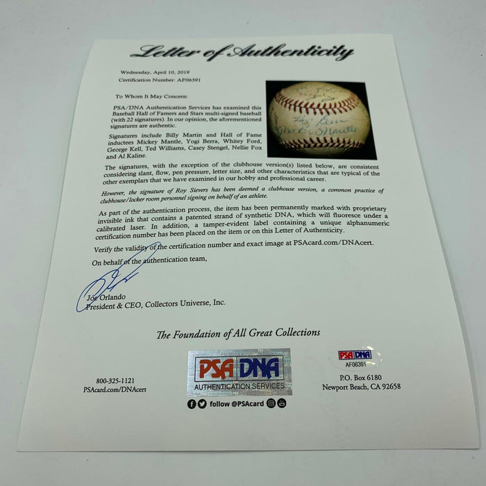 1950's Mickey Mantle Ted Williams Nellie Fox Hall Of Fame Signed Baseball PSA