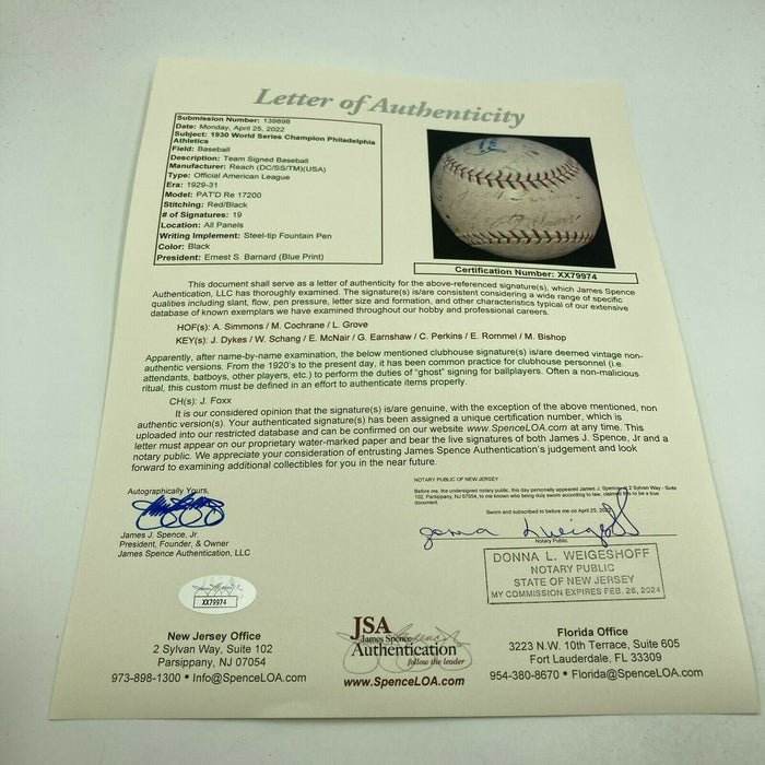 1930 Philadelphia Athletics A's World Series Champs Team Signed Baseball JSA COA