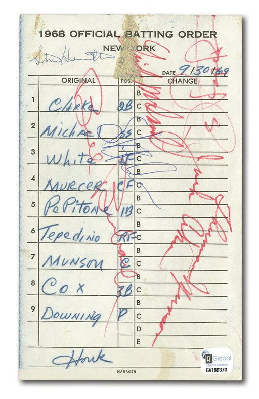 Rare Thurman Munson Rookie Signed 1969 Original Yankees Lineup Card Beckett COA