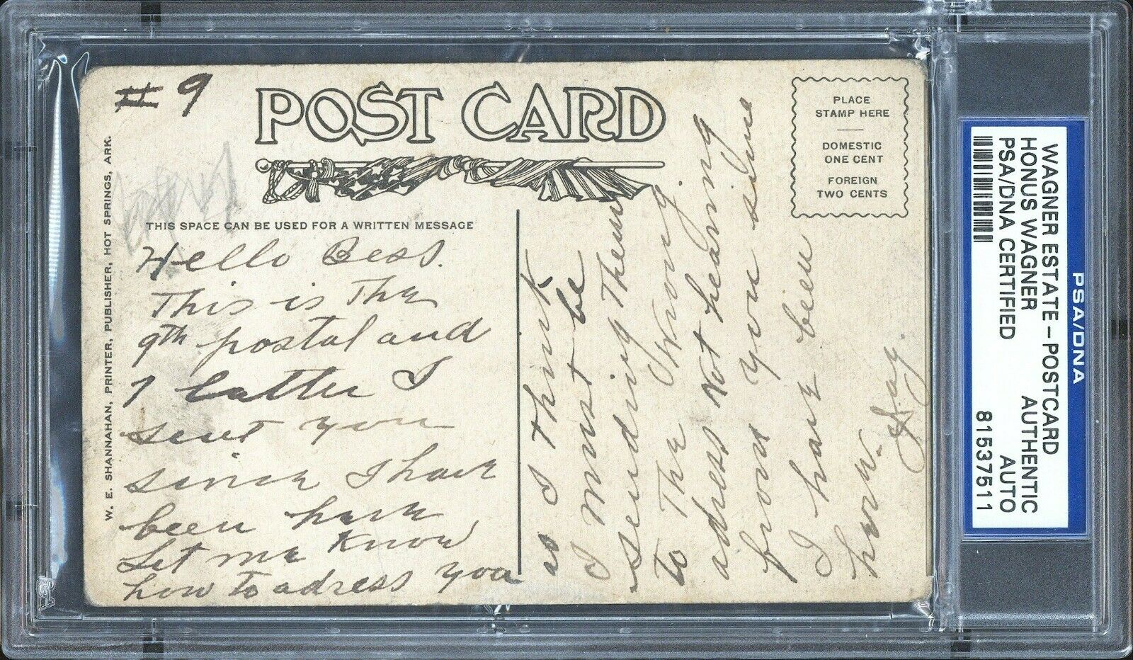 Honus Wagner Signed Handwritten Postcard To His Wife Bess PSA DNA COA