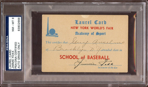 Jimmie Foxx Signed 1939 New York World Fair Laurel Card PSA DNA N MINT 8
