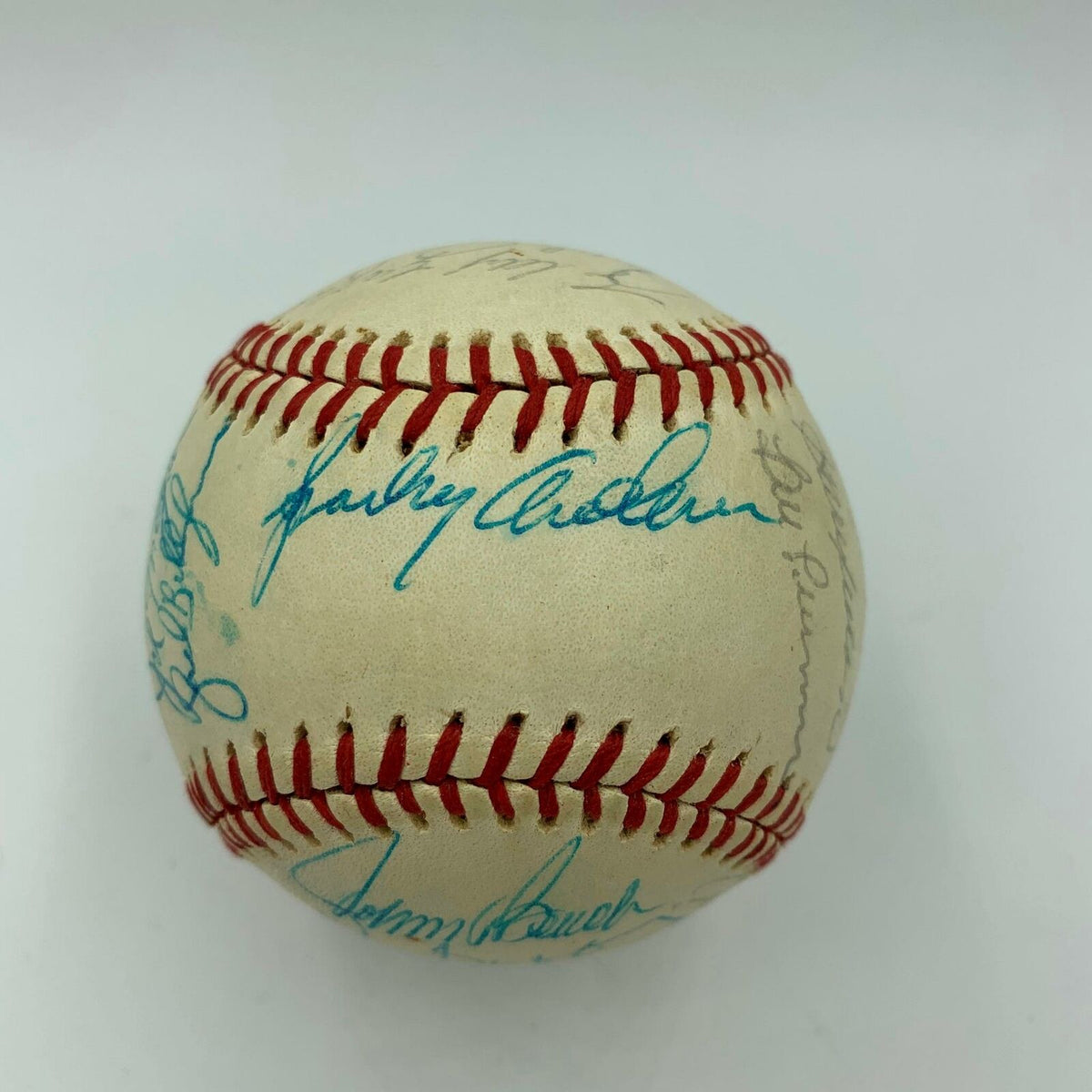 1975 Reds ONL Baseball Team-Signed by (30) with Johnny Bench, Joe Morgan,  Ted Kluszewski, Sparky Anderson Inscribed 1975 REDS (JSA LOA)