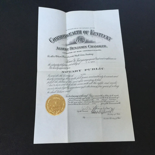 A.B. Happy Chandler 1939 Signed Original Kentucky Governor Certificate HOF
