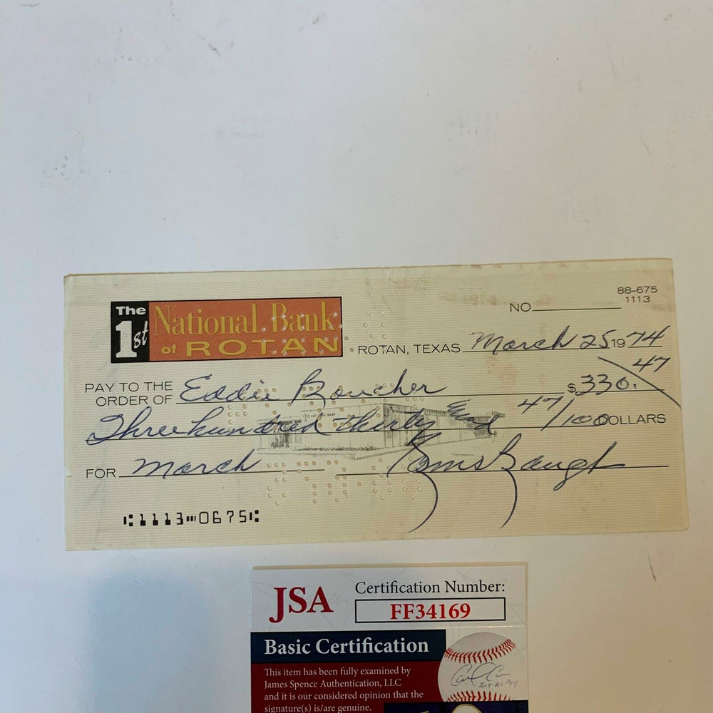 Sammy Baugh Signed Autographed Original 1974 Check With JSA COA