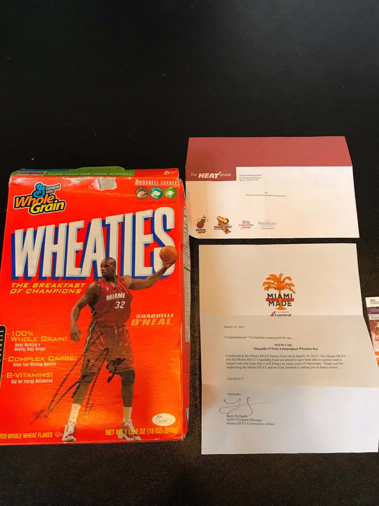 Shaquille O'neal Signed Miami Heat Wheaties Cereal Box JSA COA & Team Letter