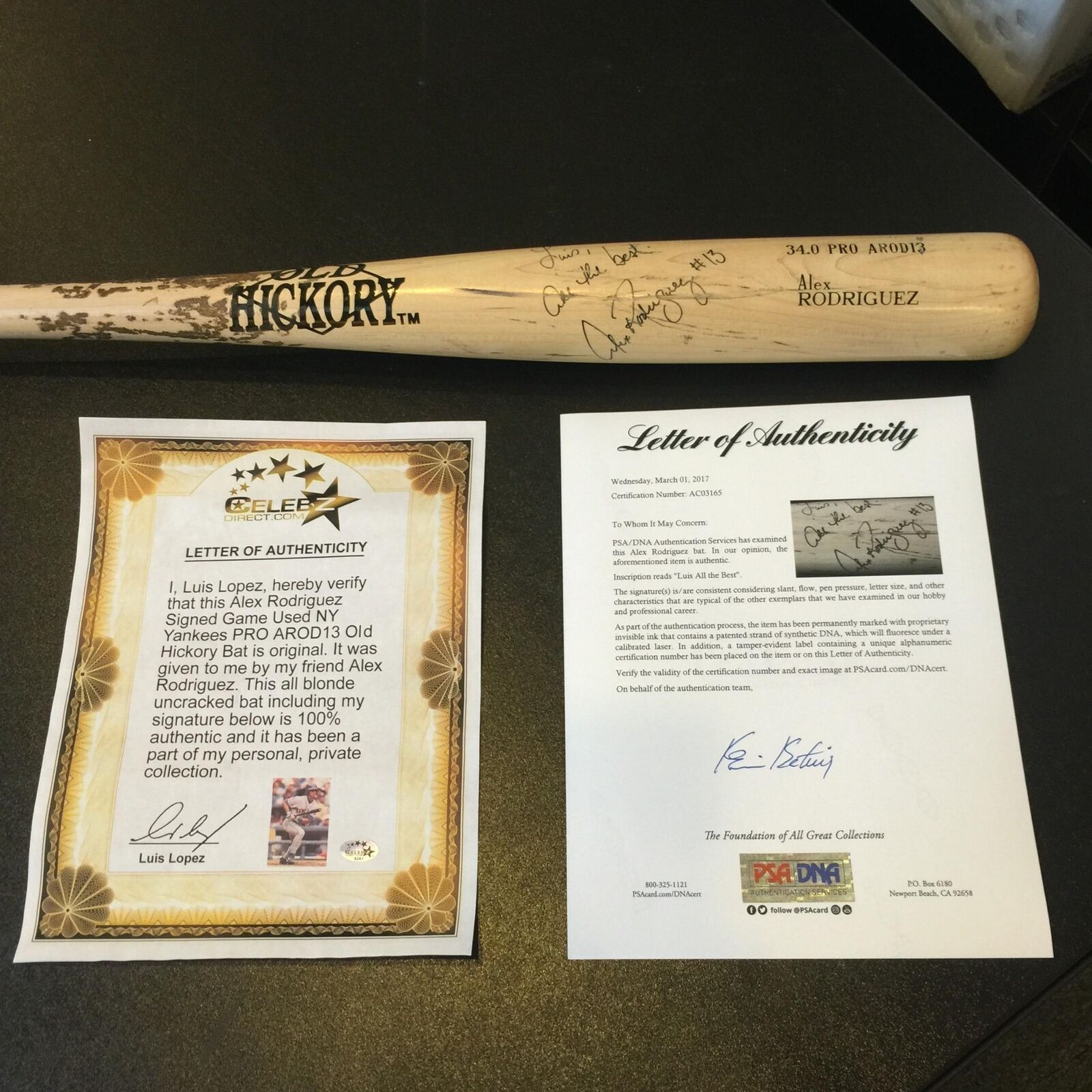 Alex Rodriguez Signed Game Used Bat