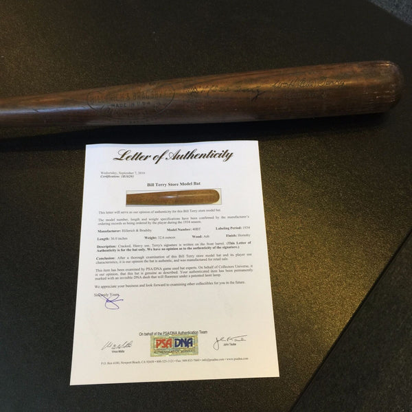 1934 Bill Terry Signed Game Used Side Written Louisville Slugger Bat PSA DNA