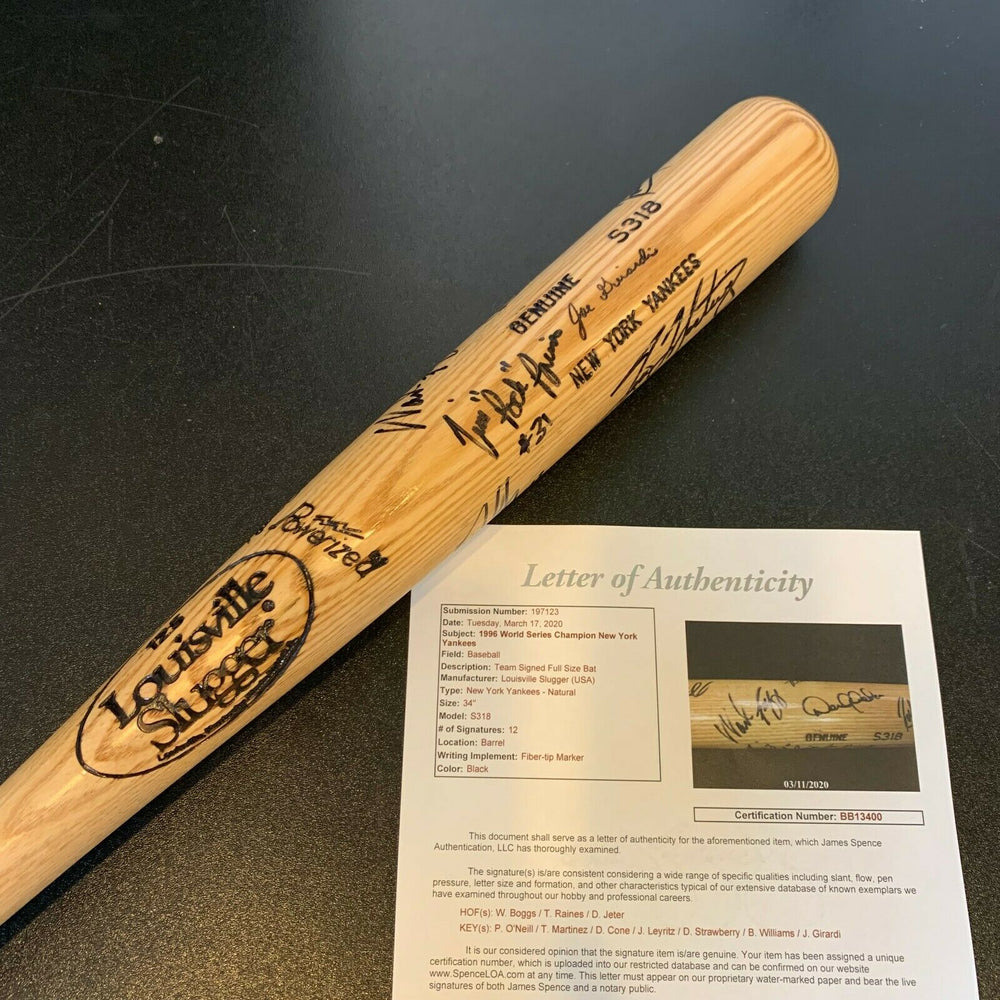 1996 New York Yankees World Series Champs Team Signed Bat Derek Jeter JSA COA
