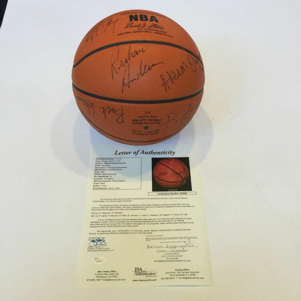 1986-87 Houston Rockets Team Signed Spalding Game Basketball Hakeem Olajuwon JSA