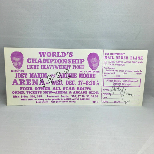 Archie Moore Joey Maxim Signed Original 1952 Boxing Ticket JSA COA